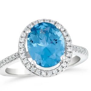 Aquamarine Halo Silver Ring - Sparkling Light Blue Gemstone #88